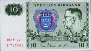 Банкнота Швеция 10 крон 1987 года. P.52e(5) - UNC - Банкнота Швеция 10 крон 1987 года. P.52e(5) - UNC