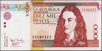 Банкнота Колумбия 10000 песо 09.06.2003 года. P.453f - UNC - Банкнота Колумбия 10000 песо 09.06.2003 года. P.453f - UNC