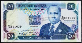 Банкнота Кения 20 шиллингов 1989 года. P.25в - UNC - Банкнота Кения 20 шиллингов 1989 года. P.25в - UNC