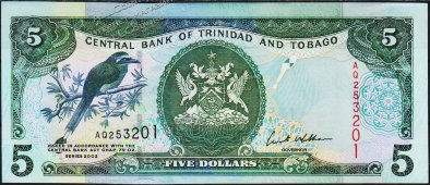 Банкнота Тринидад и Тобаго 5 долларов 2002 года. P.42в - UNC - Банкнота Тринидад и Тобаго 5 долларов 2002 года. P.42в - UNC