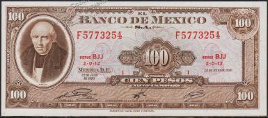 Мексика 100 песо 1970г. Р.61e - AUNC "BJJ" - Мексика 100 песо 1970г. Р.61e - AUNC "BJJ"