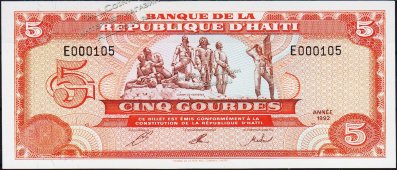Банкнота Гаити 5 гурд 1992 года. P.261(1) - UNC - Банкнота Гаити 5 гурд 1992 года. P.261(1) - UNC