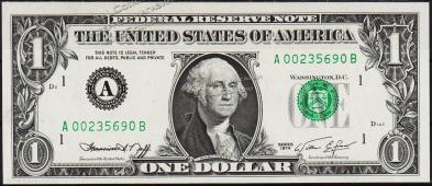 Банкнота США 1 доллар 1974 года. Р.455 UNC "A" A-B - Банкнота США 1 доллар 1974 года. Р.455 UNC "A" A-B