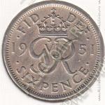 26-96 Великобритания 6 пенсов 1951г. КМ # 875 медно-никелевая 2,83гр. 19,5мм