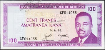 Банкнота Бурунди 100 франков 1986 года. P.29в(4) - UNC - Банкнота Бурунди 100 франков 1986 года. P.29в(4) - UNC