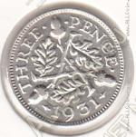 29-16 Великобритания 3 пенса 1931г. КМ # 831 серебро 1,4138гр. 16мм
