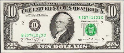 Банкнота США 10 долларов 1990 года. Р.486 UNC "B" B-C - Банкнота США 10 долларов 1990 года. Р.486 UNC "B" B-C