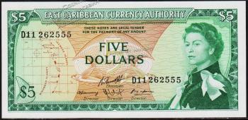 Восточные Карибы 5 долларов 1965г. P.14h(2) - UNC - Восточные Карибы 5 долларов 1965г. P.14h(2) - UNC