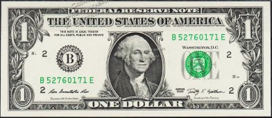 Банкнота США 1 доллар 2009 года. UNC "В" B-E - Банкнота США 1 доллар 2009 года. UNC "В" B-E
