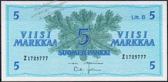 Финляндия 5 марок 1963г. P.106A - UNC "Z-1" - Финляндия 5 марок 1963г. P.106A - UNC "Z-1"
