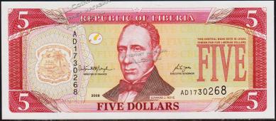 Либерия 5 долларов 2008г. P.26d - UNC - Либерия 5 долларов 2008г. P.26d - UNC