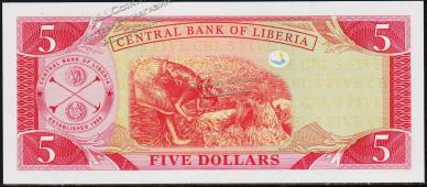 Либерия 5 долларов 2008г. P.26d - UNC - Либерия 5 долларов 2008г. P.26d - UNC