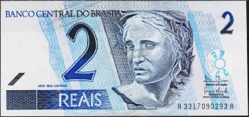 Банкнота Бразилия 2 реала 2001 года. P.249в - UNC - Банкнота Бразилия 2 реала 2001 года. P.249в - UNC