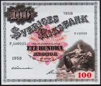 Банкнота Швеция 100 крон 1958 года. P.45d - UNC - Банкнота Швеция 100 крон 1958 года. P.45d - UNC