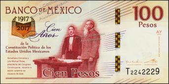 Банкнота Мексика 100 песо 2016 года. P.NEW - UNC "AY" /Юбилейная/ - Банкнота Мексика 100 песо 2016 года. P.NEW - UNC "AY" /Юбилейная/