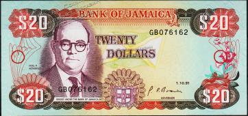 Банкнота Ямайка 20 долларов 1991 года. P.72d - UNC - Банкнота Ямайка 20 долларов 1991 года. P.72d - UNC