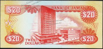 Банкнота Ямайка 20 долларов 1991 года. P.72d - UNC - Банкнота Ямайка 20 долларов 1991 года. P.72d - UNC