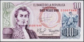 Банкнота Колумбия 10 песо 1980 года. P.407g(2) - UNC - Банкнота Колумбия 10 песо 1980 года. P.407g(2) - UNC