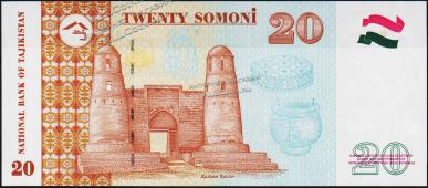 Банкнота Таджикистан 20 сомони 1999(2013) года. P.25 UNC "DK" - Банкнота Таджикистан 20 сомони 1999(2013) года. P.25 UNC "DK"