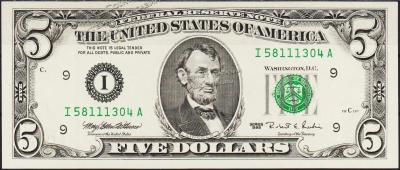 Банкнота США 5 долларов 1995 года. Р.498 UNC "I" I-A - Банкнота США 5 долларов 1995 года. Р.498 UNC "I" I-A
