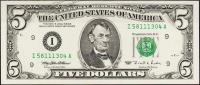 Банкнота США 5 долларов 1995 года. Р.498 UNC "I" I-A