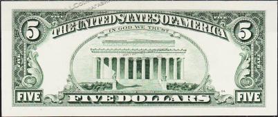 Банкнота США 5 долларов 1995 года. Р.498 UNC "J" J-B - Банкнота США 5 долларов 1995 года. Р.498 UNC "J" J-B