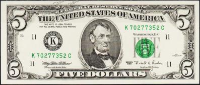 Банкнота США 5 долларов 1995 года. Р.498 UNC "K" K-C - Банкнота США 5 долларов 1995 года. Р.498 UNC "K" K-C