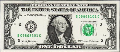 Банкнота США 1 доллар 2017 года. UNC "B" B-C - Банкнота США 1 доллар 2017 года. UNC "B" B-C