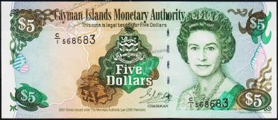 Каймановы острова 5 долларов 2001г. P.27 UNC - Каймановы острова 5 долларов 2001г. P.27 UNC