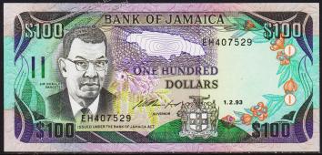 Ямайка 100 долларов 1993г. P.75с - UNC - Ямайка 100 долларов 1993г. P.75с - UNC