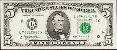 Банкнота США 5 долларов 1995 года. Р.498 UNC "L" L-H - Банкнота США 5 долларов 1995 года. Р.498 UNC "L" L-H