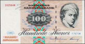 Банкнота Дания 100 крон 1997 года. P.54g(F7) - UNC - Банкнота Дания 100 крон 1997 года. P.54g(F7) - UNC