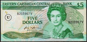 Восточные Карибы 5 долларов 1988г. P.18u - UNC - Восточные Карибы 5 долларов 1988г. P.18u - UNC