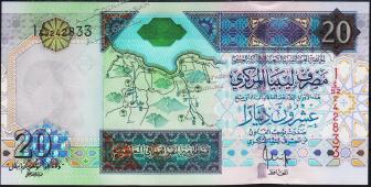 Банкнота Ливия 20 динар 2002 года. P.67в - UNC - Банкнота Ливия 20 динар 2002 года. P.67в - UNC