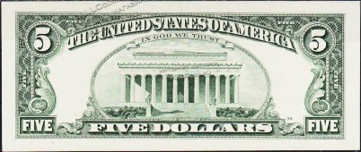 Банкнота США 5 долларов 1995 года. Р.498 UNC "B" B-D - Банкнота США 5 долларов 1995 года. Р.498 UNC "B" B-D