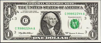 Банкнота США 1 доллар 1999 года. Р.504 UNC "C" C-A - Банкнота США 1 доллар 1999 года. Р.504 UNC "C" C-A
