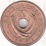 22-158 Восточная Африка 10 центов 1941г. КМ # 26,1 бронза 11,34гр.
