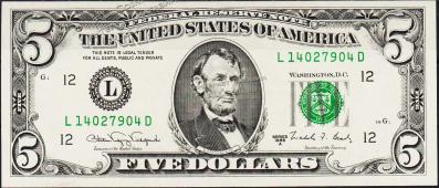 Банкнота США 5 долларов 1988А года. Р.481в - UNC "L" L-D - Банкнота США 5 долларов 1988А года. Р.481в - UNC "L" L-D