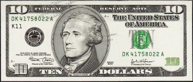 Банкнота США 10 долларов 2003 года.  Р.518 UNC "DK-A" - Банкнота США 10 долларов 2003 года.  Р.518 UNC "DK-A"