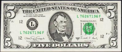 Банкнота США 5 долларов 1988А года. Р.481в - AUNC "L" L-F - Банкнота США 5 долларов 1988А года. Р.481в - AUNC "L" L-F