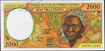 Банкнота Экваториальная Гвинея 2000 франков 1994 года. P.503Nв - UNC - Банкнота Экваториальная Гвинея 2000 франков 1994 года. P.503Nв - UNC