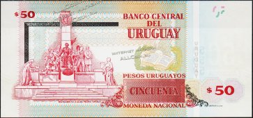 Банкнота Уругвай 50 песо 2015 года. P.NEW - UNC - Банкнота Уругвай 50 песо 2015 года. P.NEW - UNC