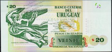 Банкнота Уругвай 20 песо 2015 года. P.NEW - UNC - Банкнота Уругвай 20 песо 2015 года. P.NEW - UNC