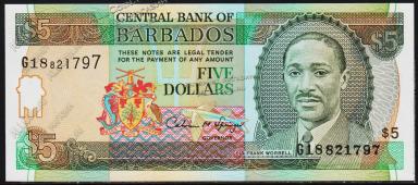 Барбадос 5 долларов 1996г. P.47 UNC - Барбадос 5 долларов 1996г. P.47 UNC