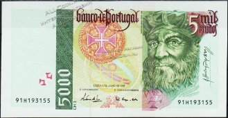 Банкнота Португалия 5000 эскудо 1998 года. P.190c(3) - UNC - Банкнота Португалия 5000 эскудо 1998 года. P.190c(3) - UNC