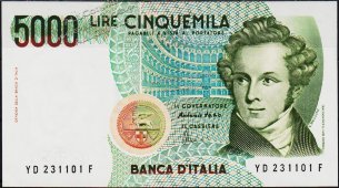 Банкнота Италия 5000 лир 1985 года. P.111c - UNC - Банкнота Италия 5000 лир 1985 года. P.111c - UNC