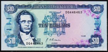 Ямайка 10 долларов 1991г. P.71d(1) - UNC - Ямайка 10 долларов 1991г. P.71d(1) - UNC