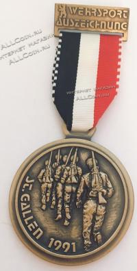 #424 Швейцария спорт Медаль Знаки. Военно-спортивная награда. 1991 год.