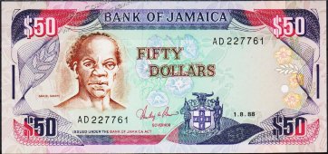 Банкнота Ямайка 50 долларов 1988 года. P.73а - UNC - Банкнота Ямайка 50 долларов 1988 года. P.73а - UNC