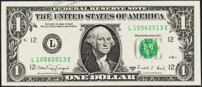 Банкнота США 1 доллар 1988A года. Р.480в - UNC "L" L-E - Банкнота США 1 доллар 1988A года. Р.480в - UNC "L" L-E